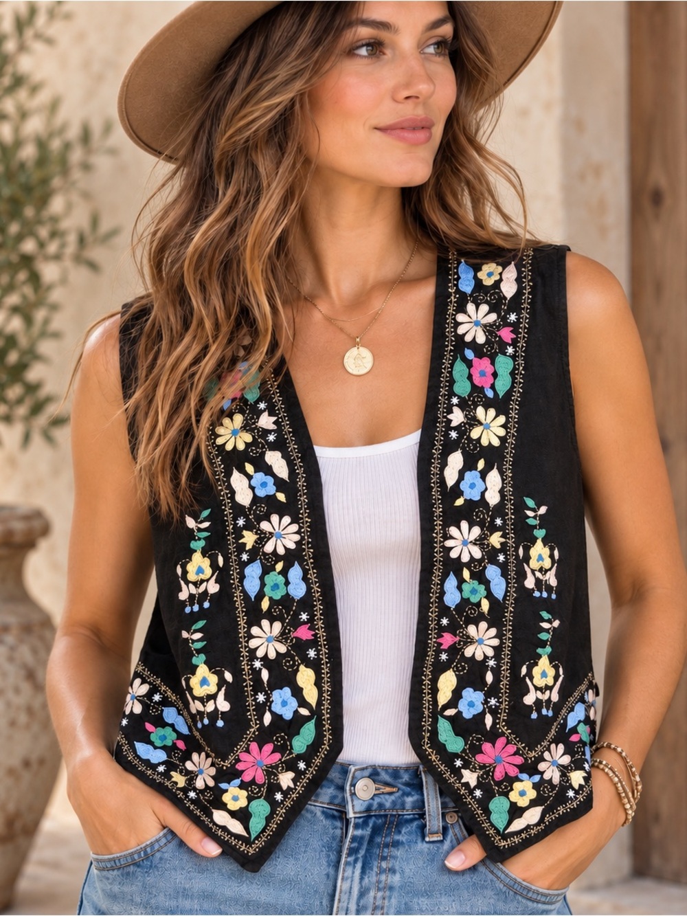 HG NY Black Embroidered Floral Cotton Vest Boho Folk Art Open Front L